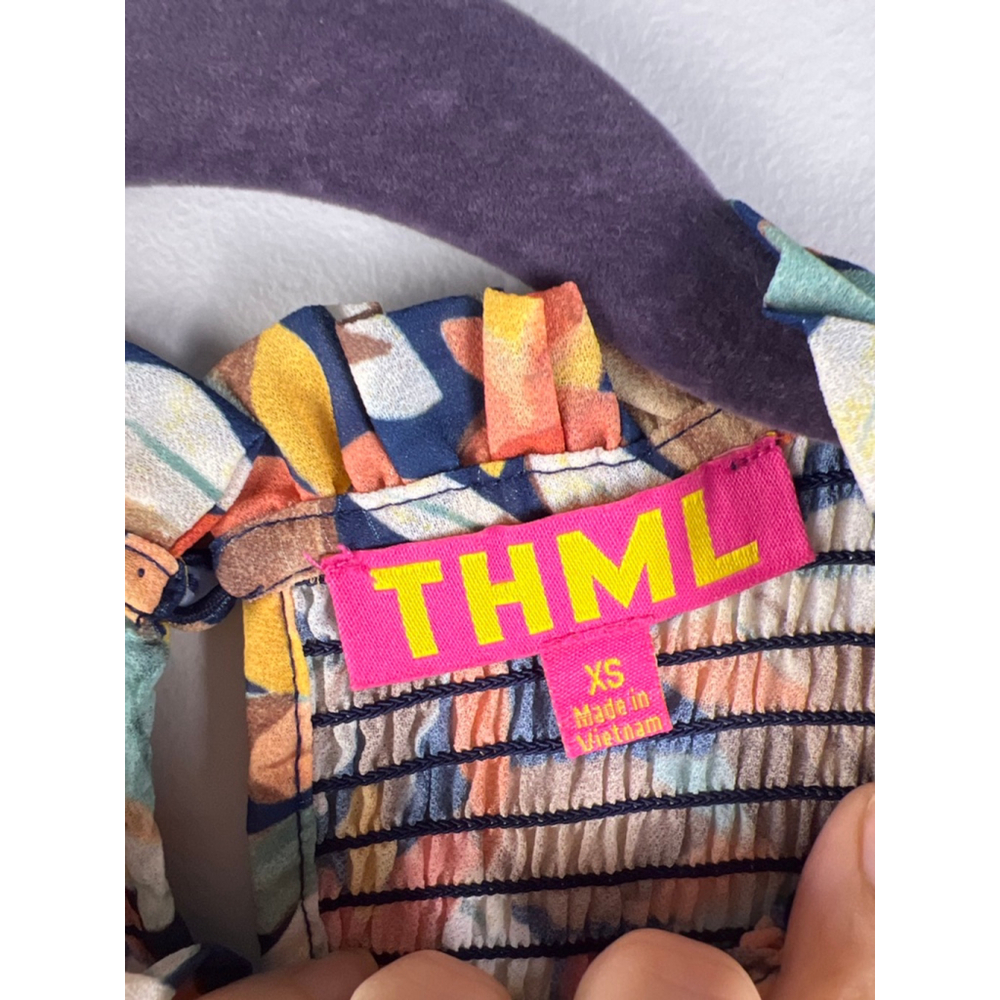 THML XS Smocked Floral Blouse Boho Peplum Long Sleeve Ruffle Neck Boho - Picture 2 of 4